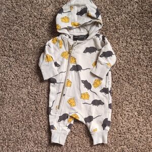 Mini Rodini Beige Hooded Footie with Yellow Cheese & Gray Mouse Print